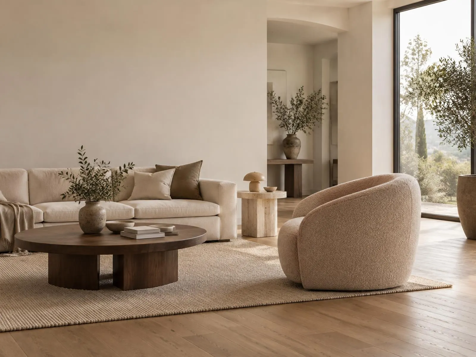 Showroom de móveis de alto padrão com sofá de linho, mesa de centro em madeira e poltrona estofada em bouclé sob luz natural
